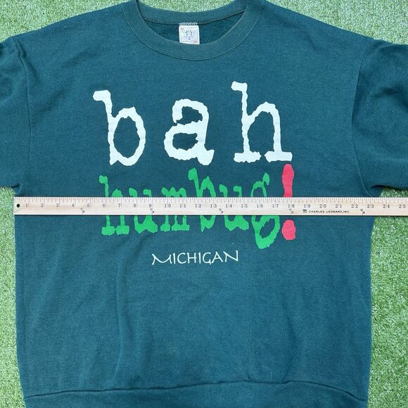 VINTAGE BAH HUMBUG Michigan Size XL DELTA Tag USA GREEN Xmas SWEATSHIRT 90s - Picture 3 of 5